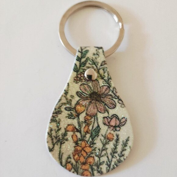 Wild Flowers Faux Leather Glitter Keychain Floral Bag Charm - Picture 1 of 7
